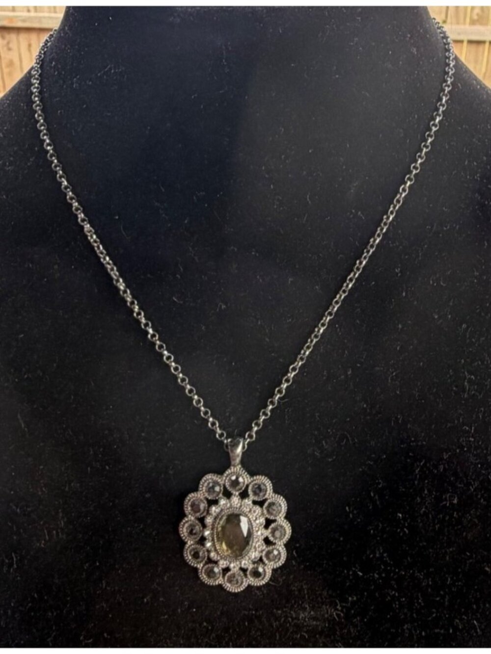 Black Silver-Toned Fashion Necklace w/Smoky Gray Stone Oval-Shaped Pendant